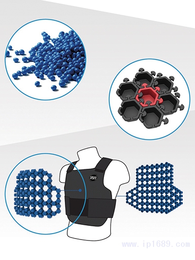 基于使用熱塑寶®-K熱塑性彈性體模制的六方錐鑄模開(kāi)發(fā)的模塊化緩沖墊技術(shù)，具備彈性、聯(lián)鎖和全鉸接等特性，可應(yīng)用于包括運(yùn)動(dòng)服、個(gè)人防護(hù)設(shè)備、醫(yī)療、建筑及輪胎在內(nèi)的多個(gè)行業(yè)的各類應(yīng)用1